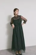 ブラックのレースミックスチュールドレス M/kaene