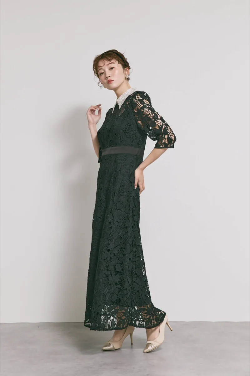 ブラックのビジューカラーレースドレス　M/Leja