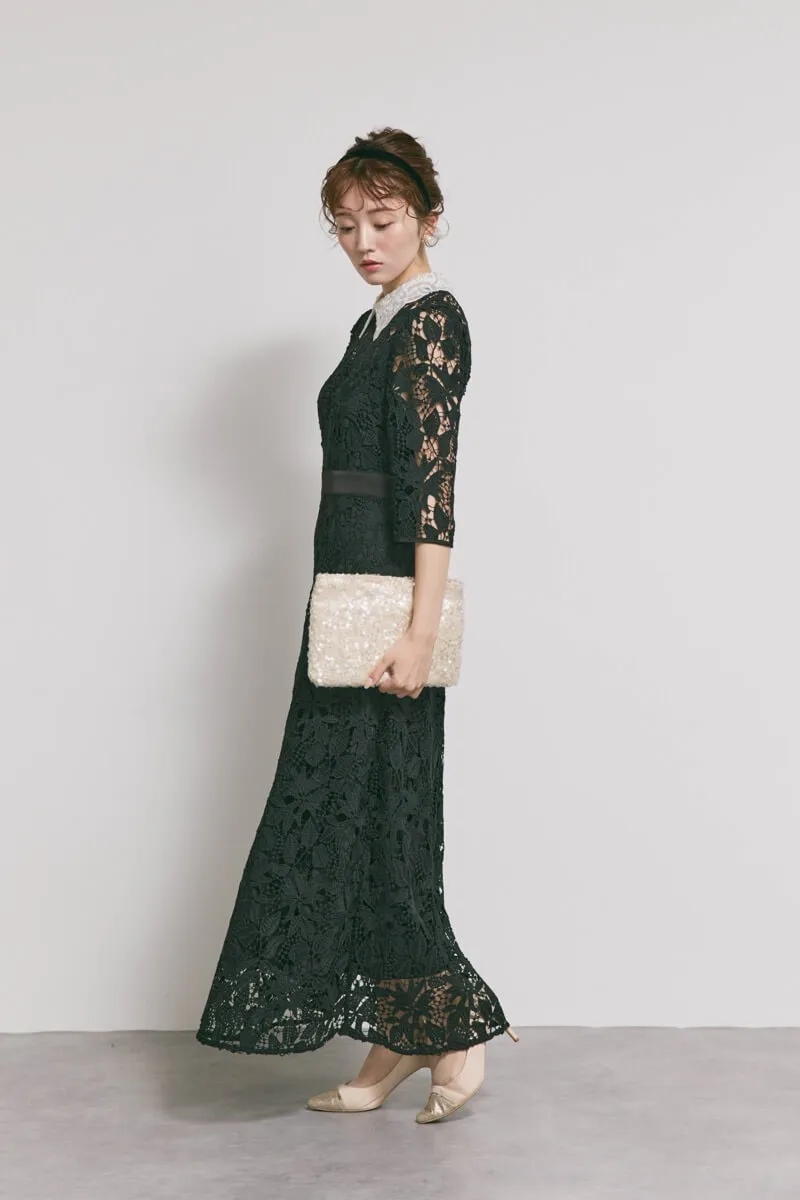 ブラックのビジューカラーレースドレス　M/Leja