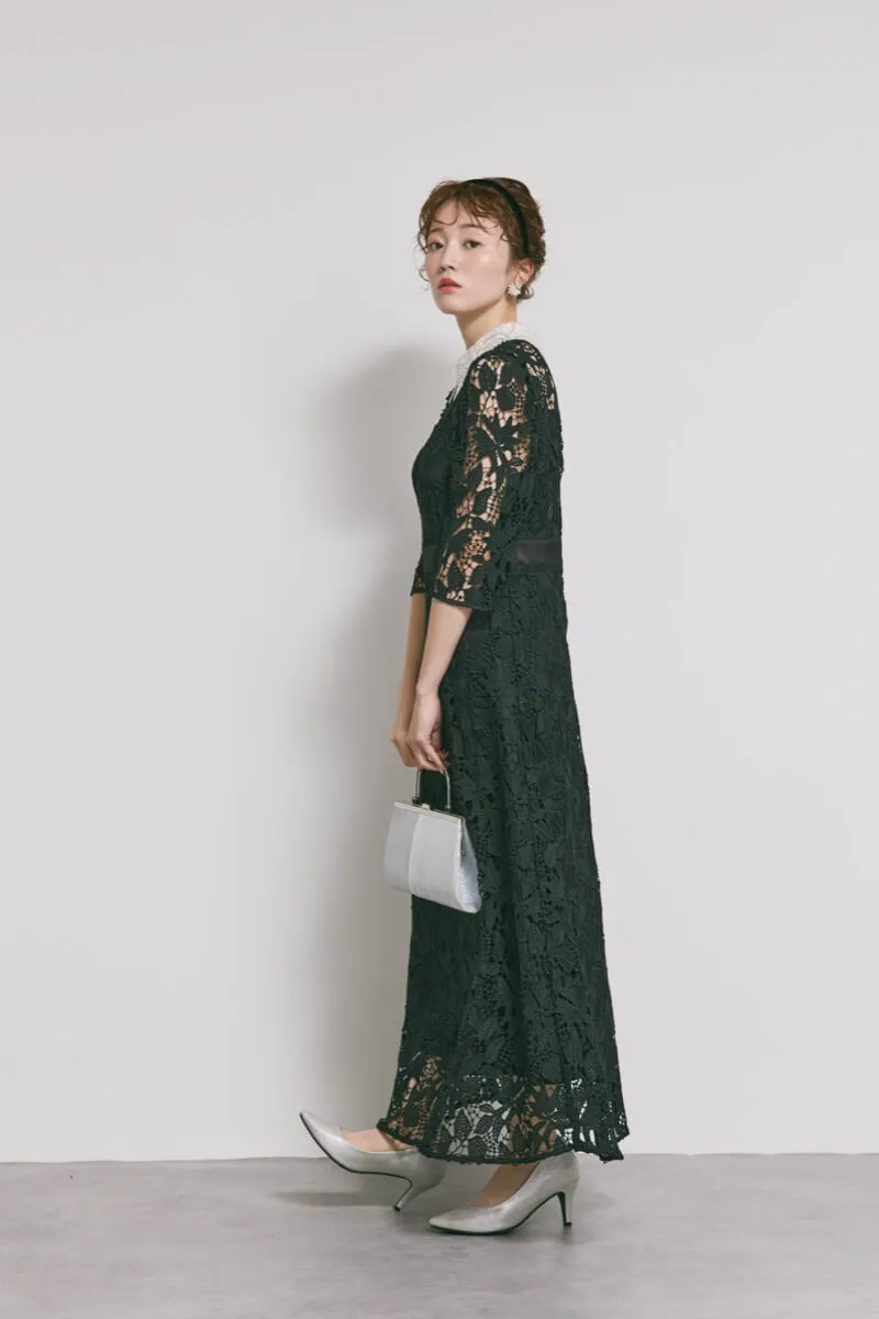 ブラックのビジューカラーレースドレス　M/Leja