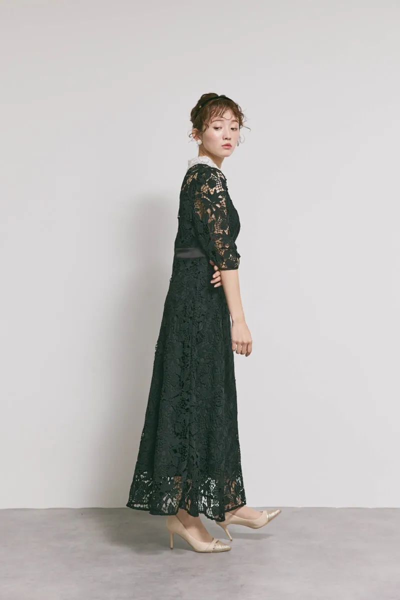 【一回着用のみ】 leja レース ワンピース  オケージョン  カーキ ガール GIRL レーススリーブXラインキーネック結婚式ワンピース