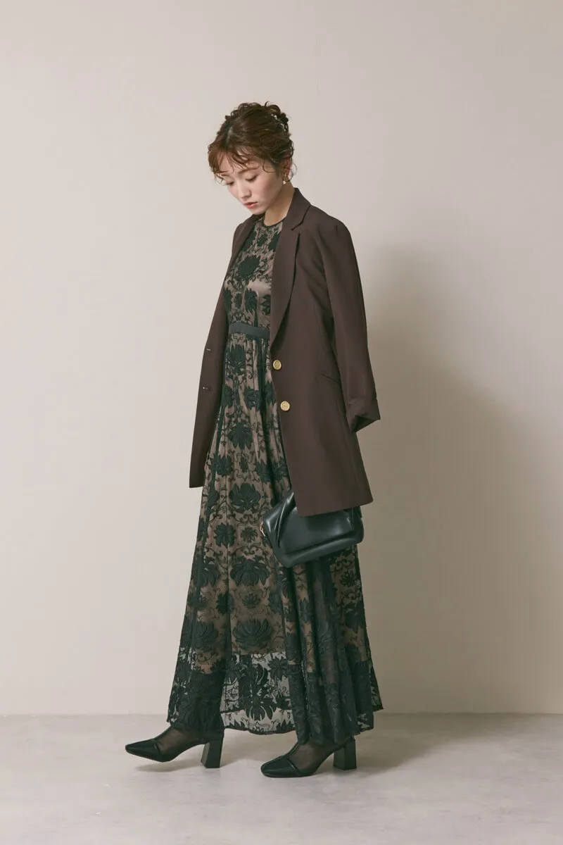 ブラックのカットワークサテンエンブロイダリードレス　M/LILY　BROWN