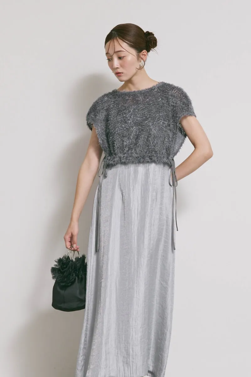 ブルーグレーのファートップスドレス　M/kaene