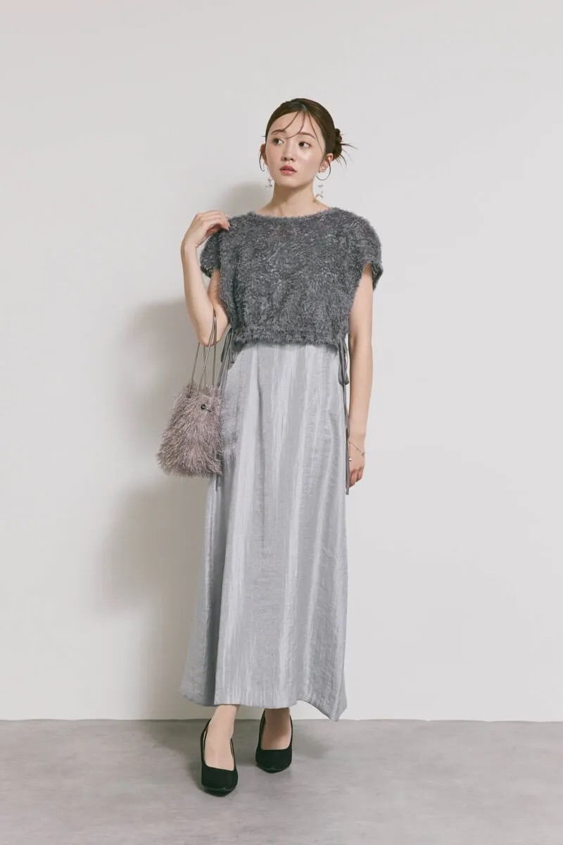 ブルーグレーのファートップスドレス　M/kaene