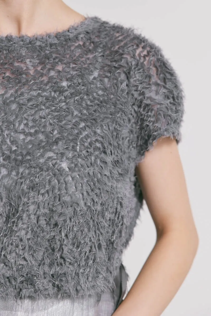 ブルーグレーのファートップスドレス　M/kaene