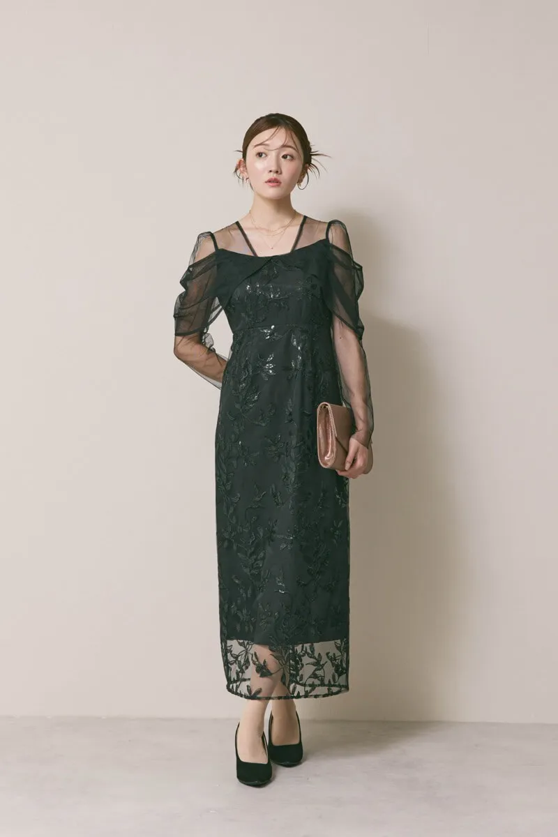 ブラックのチュールスリーブIラインドレス　M/Leja