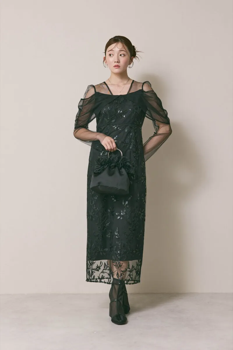 ブラックのチュールスリーブIラインドレス　M/Leja