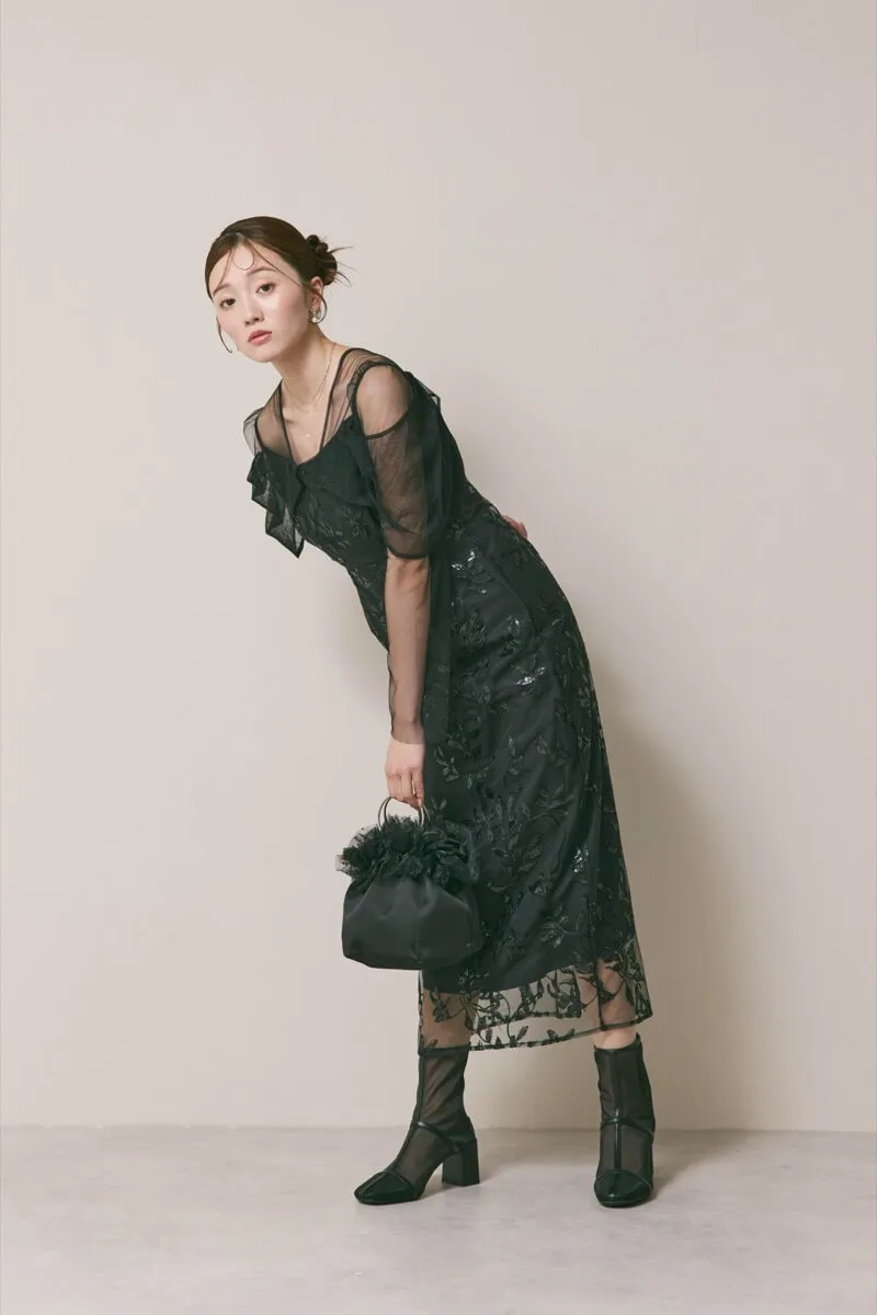 【LEJA】チュールロングスリーブリーフIラインドレス ブラック M 当日発送】チュールロングスリーブリーフIラインワンピースドレス