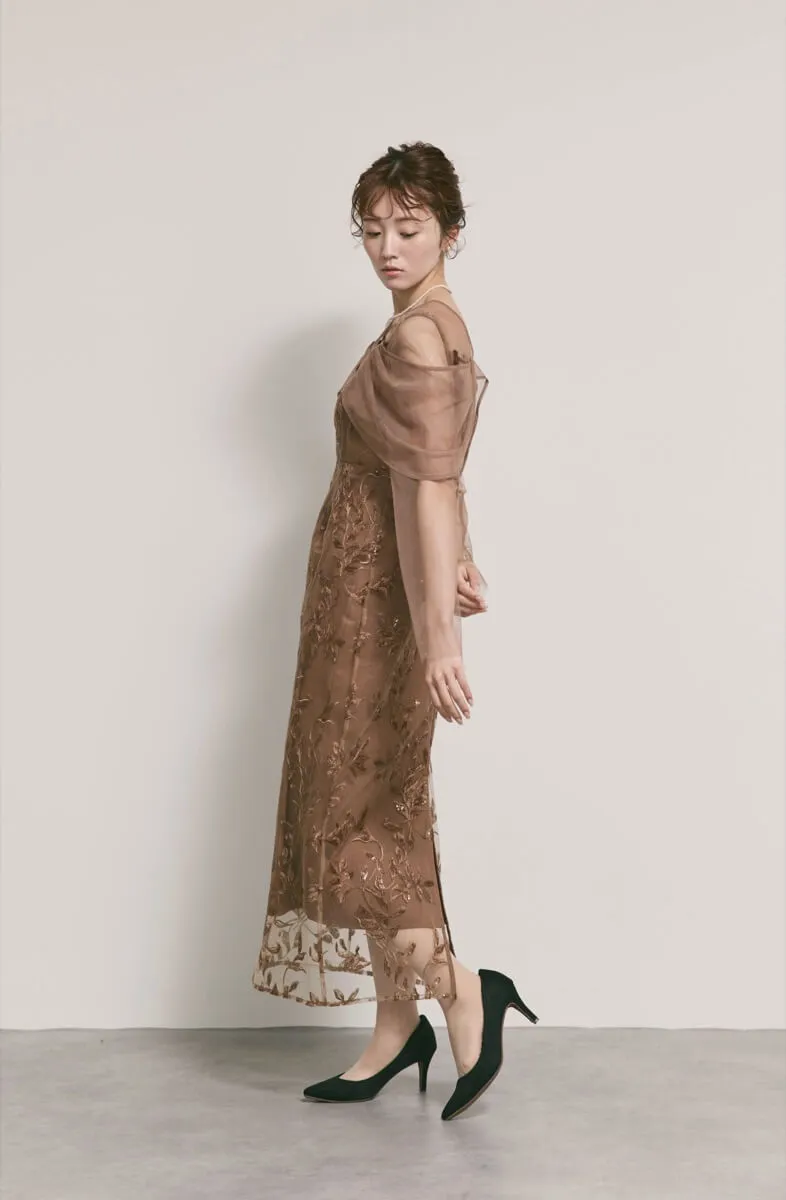 leja チュールロングスリーブリーフIラインドレス M ブラウン 当日発送】チュールロングスリーブリーフIラインワンピース結婚