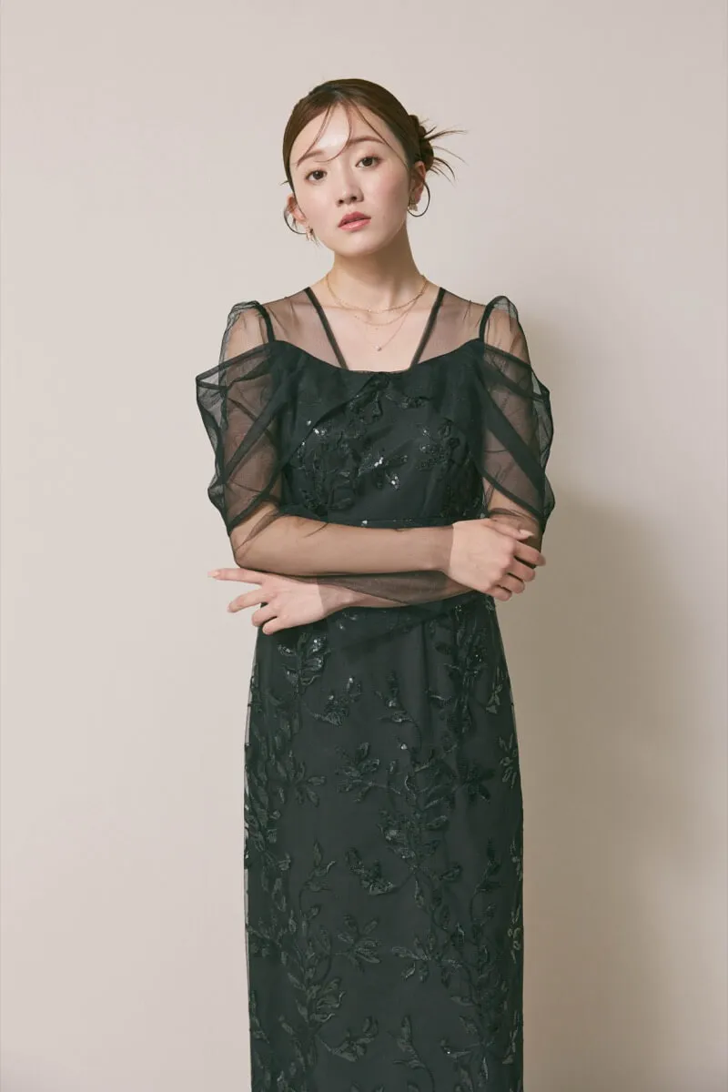 ブラックのチュールスリーブIラインドレス　M/Leja