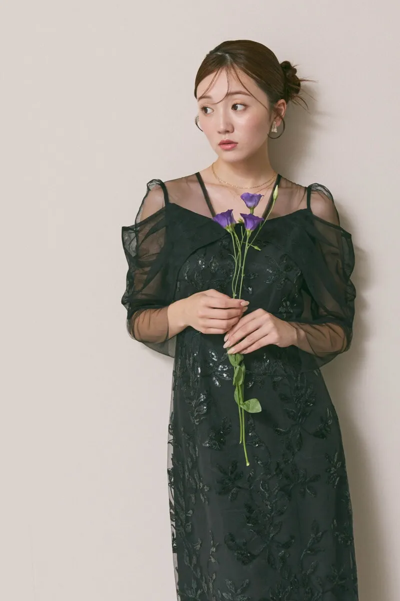 ブラックのチュールスリーブIラインドレス　M/Leja