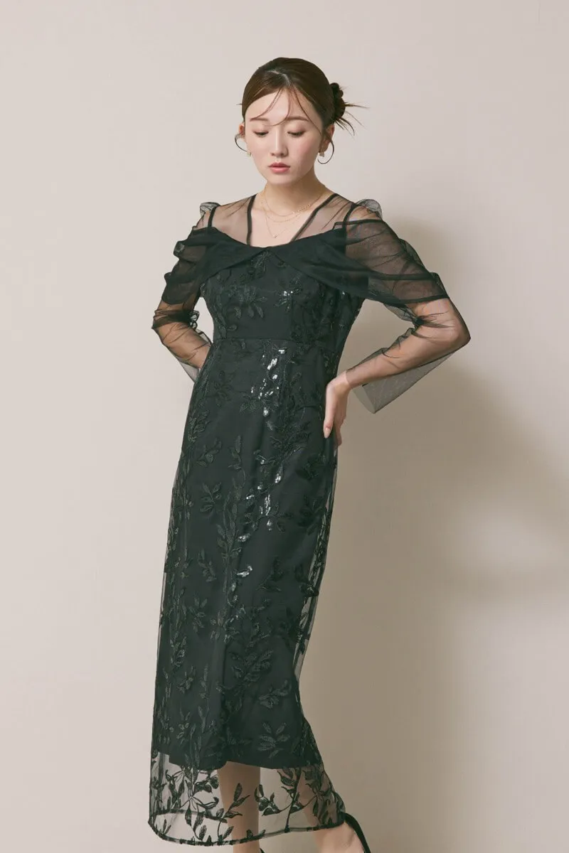 ブラックのチュールスリーブIラインドレス　M/Leja