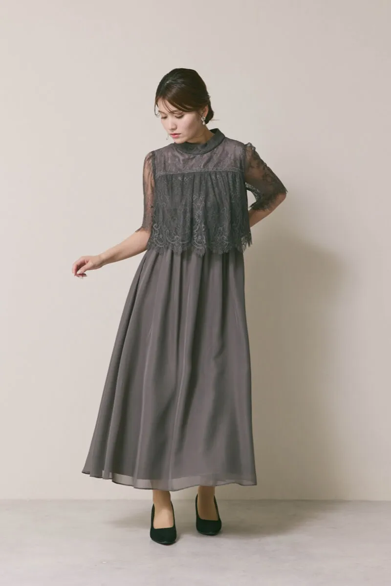 チャコールグレーの授乳口付ハイネックレースドレス　S〜M/Select Shop
