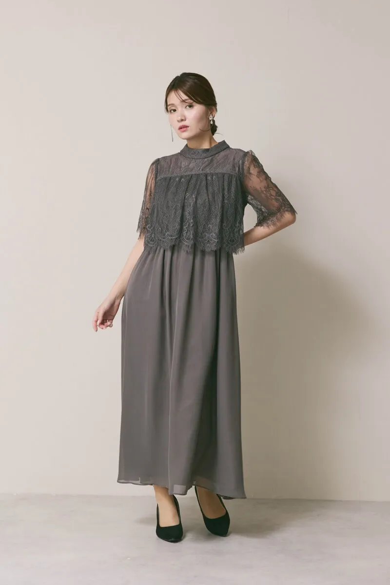 チャコールグレーの授乳口付ハイネックレースドレス　S〜M/Select Shop