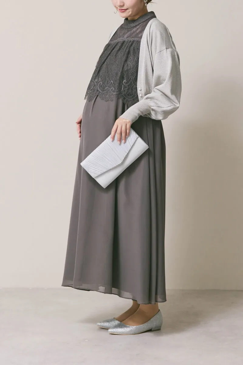 チャコールグレーの授乳口付ハイネックレースドレス　S〜M/Select Shop