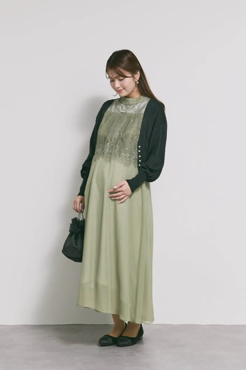 モーヴグリーンの授乳口付ハイネックレースドレス　S〜M/Select Shop