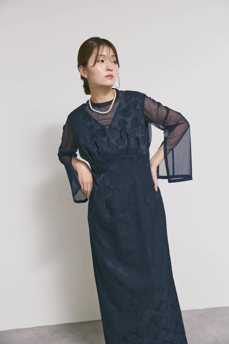 ネイビーのジャガードIラインドレス　L/AIMER
