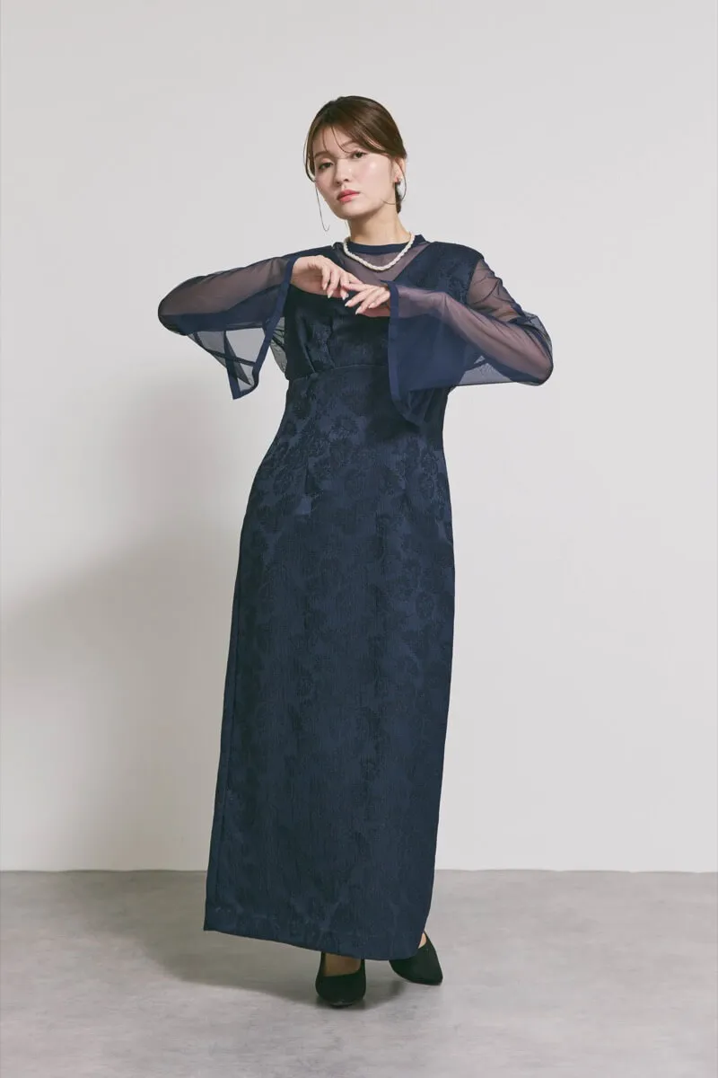 ネイビーのジャガードIラインドレス　L/AIMER
