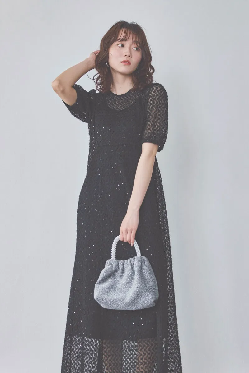 ブラックのスパンコールレースドレス　S/kaene