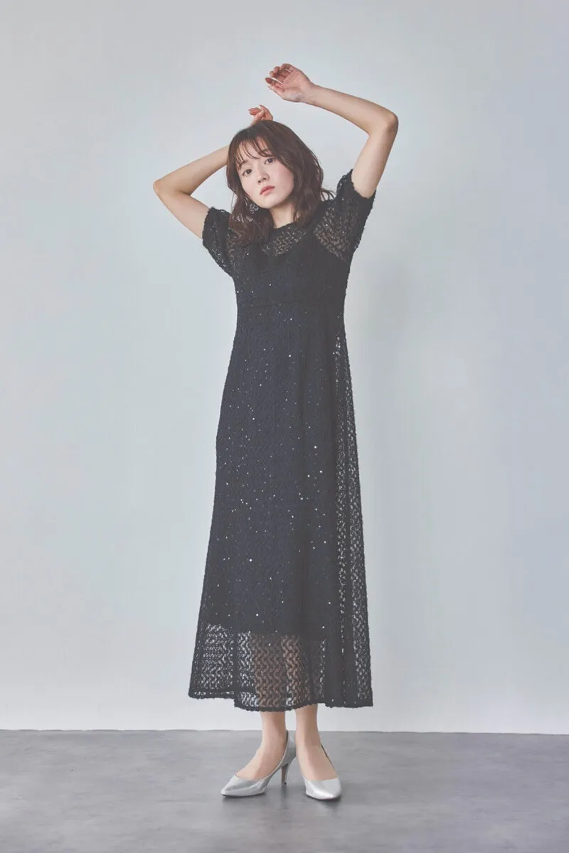 ブラックのスパンコールレースドレス　S/kaene