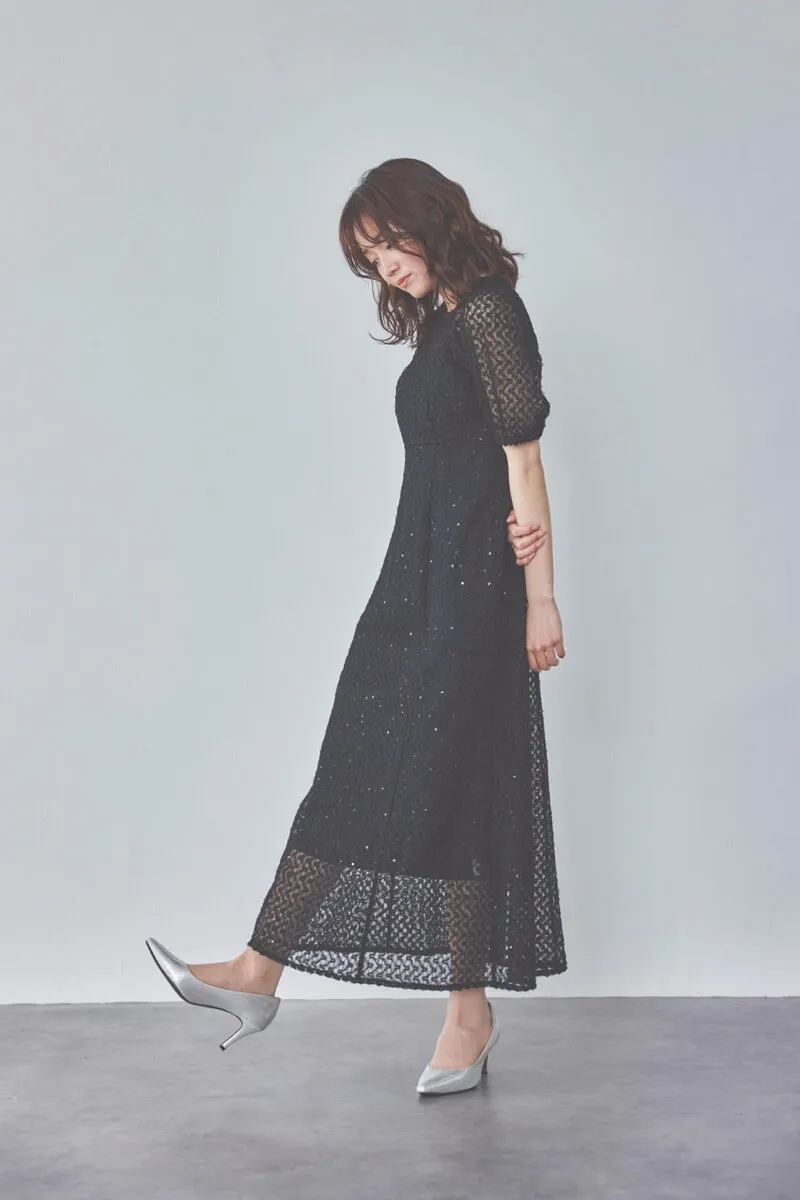 ブラックのスパンコールレースドレス　S/kaene