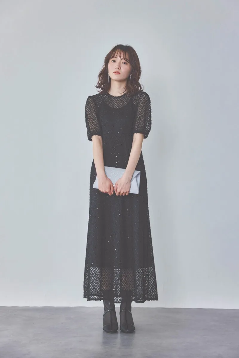 ブラックのスパンコールレースドレス　S/kaene