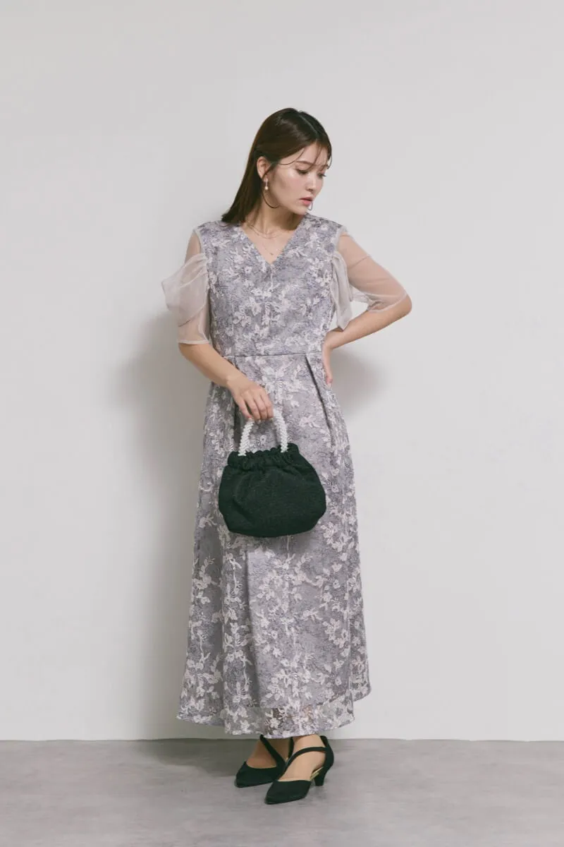 ラベンダーのシアーオフショルドレス　S/kaene