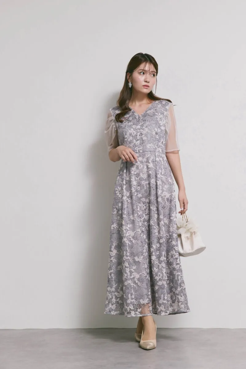 ラベンダーのシアーオフショルドレス　S/kaene