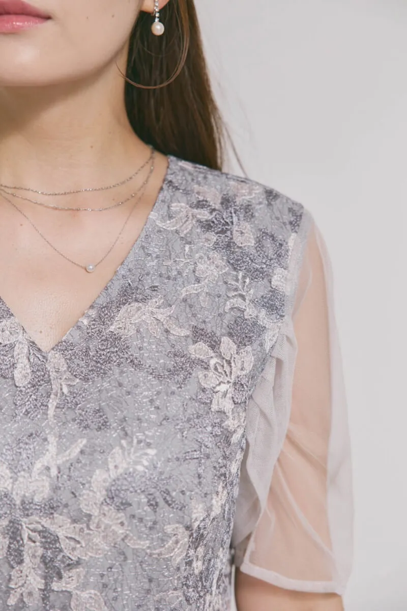 ラベンダーのシアーオフショルドレス　S/kaene