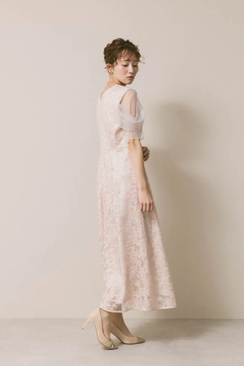 ピンクベージュのシアーオフショルドレス　S/kaene