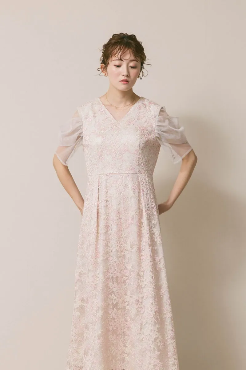 ピンクベージュのシアーオフショルドレス　S/kaene