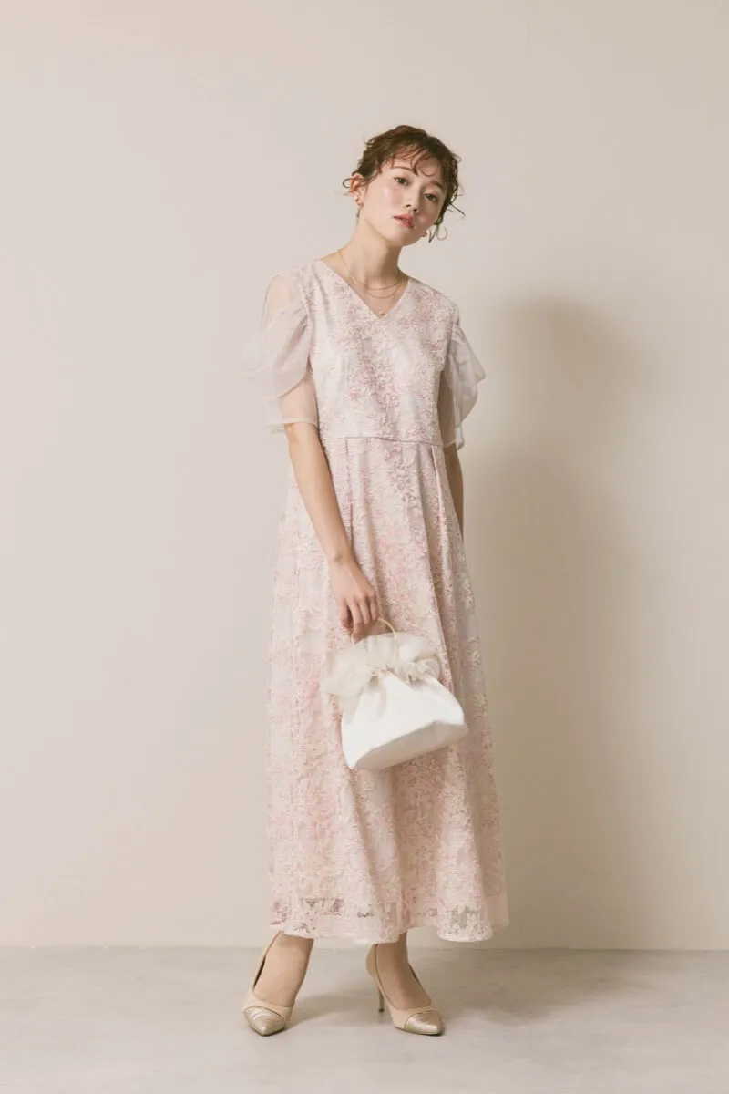 ピンクベージュのシアーオフショルドレス　S/kaene