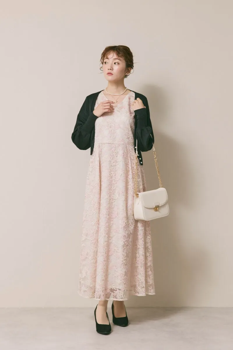 ピンクベージュのシアーオフショルドレス　S/kaene