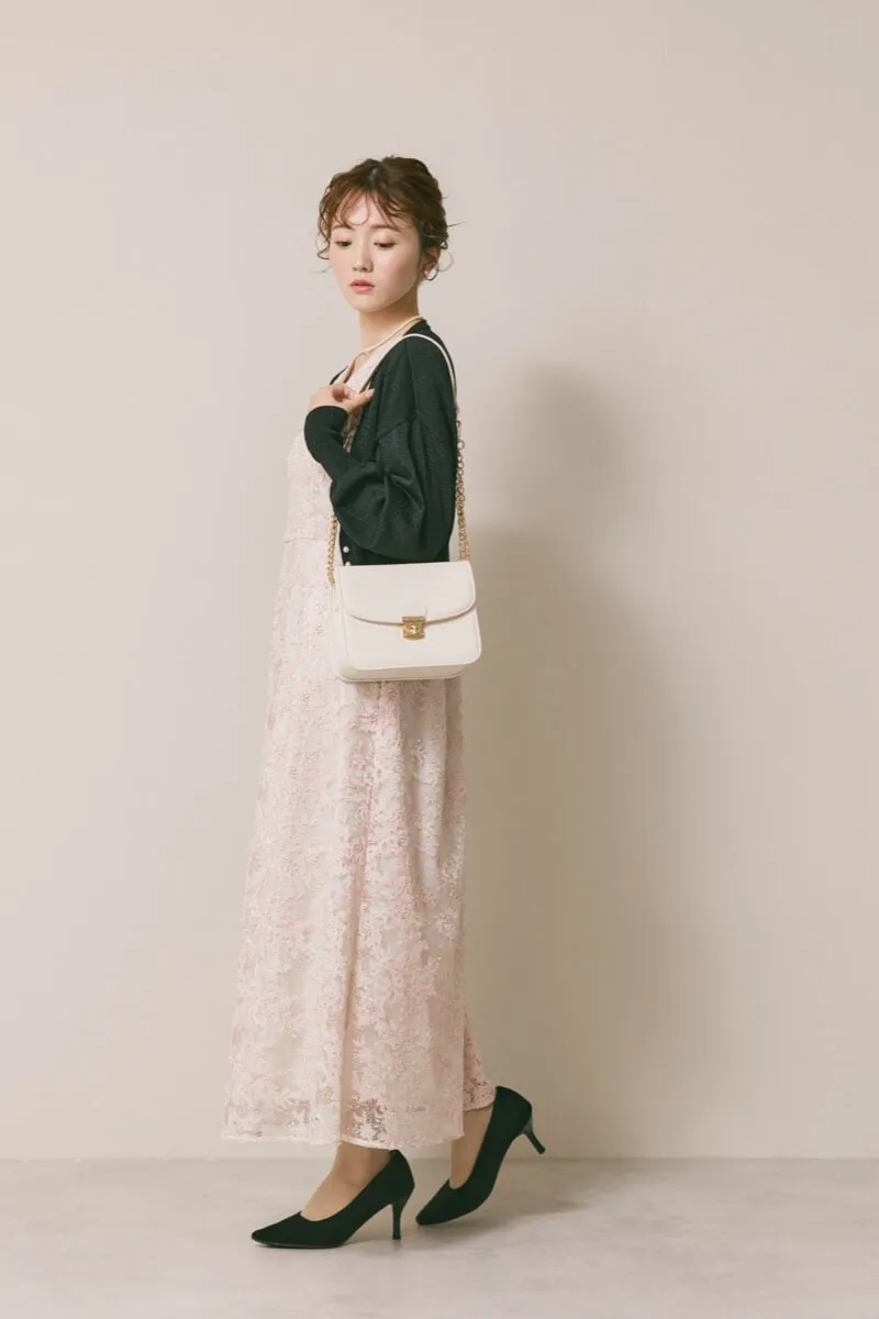 ピンクベージュのシアーオフショルドレス　S/kaene