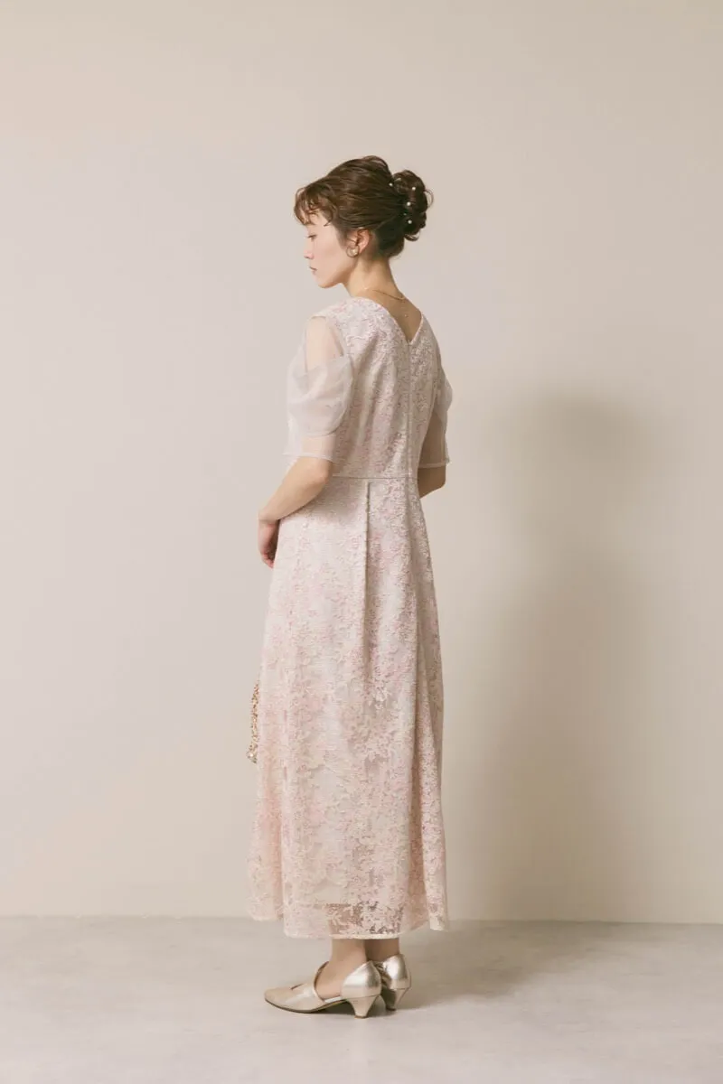 ピンクベージュのシアーオフショルドレス　S/kaene