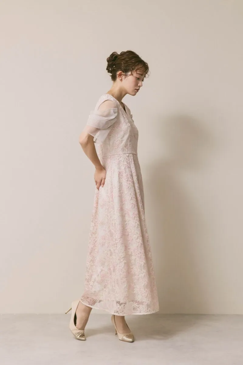 ピンクベージュのシアーオフショルドレス　S/kaene