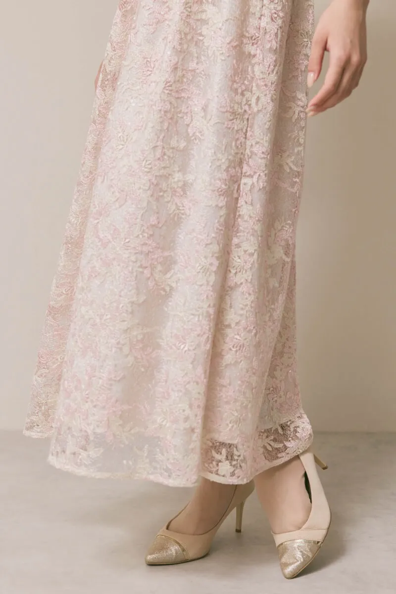ピンクベージュのシアーオフショルドレス　S/kaene