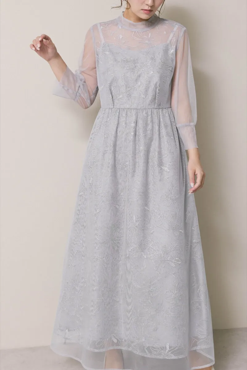サックスのレースミックスチュールドレス　S/kaene