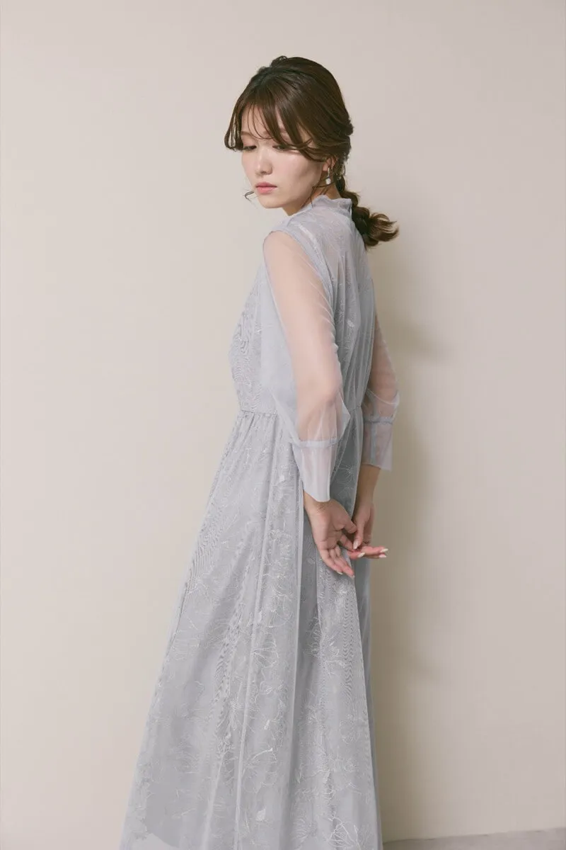 サックスのレースミックスチュールドレス　S/kaene
