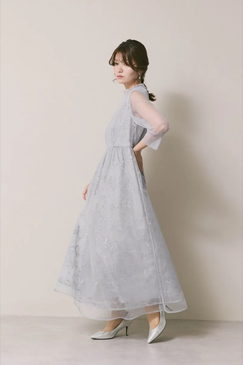 サックスのレースミックスチュールドレス　S/kaene