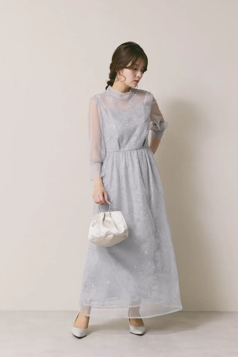 サックスのレースミックスチュールドレス　S/kaene