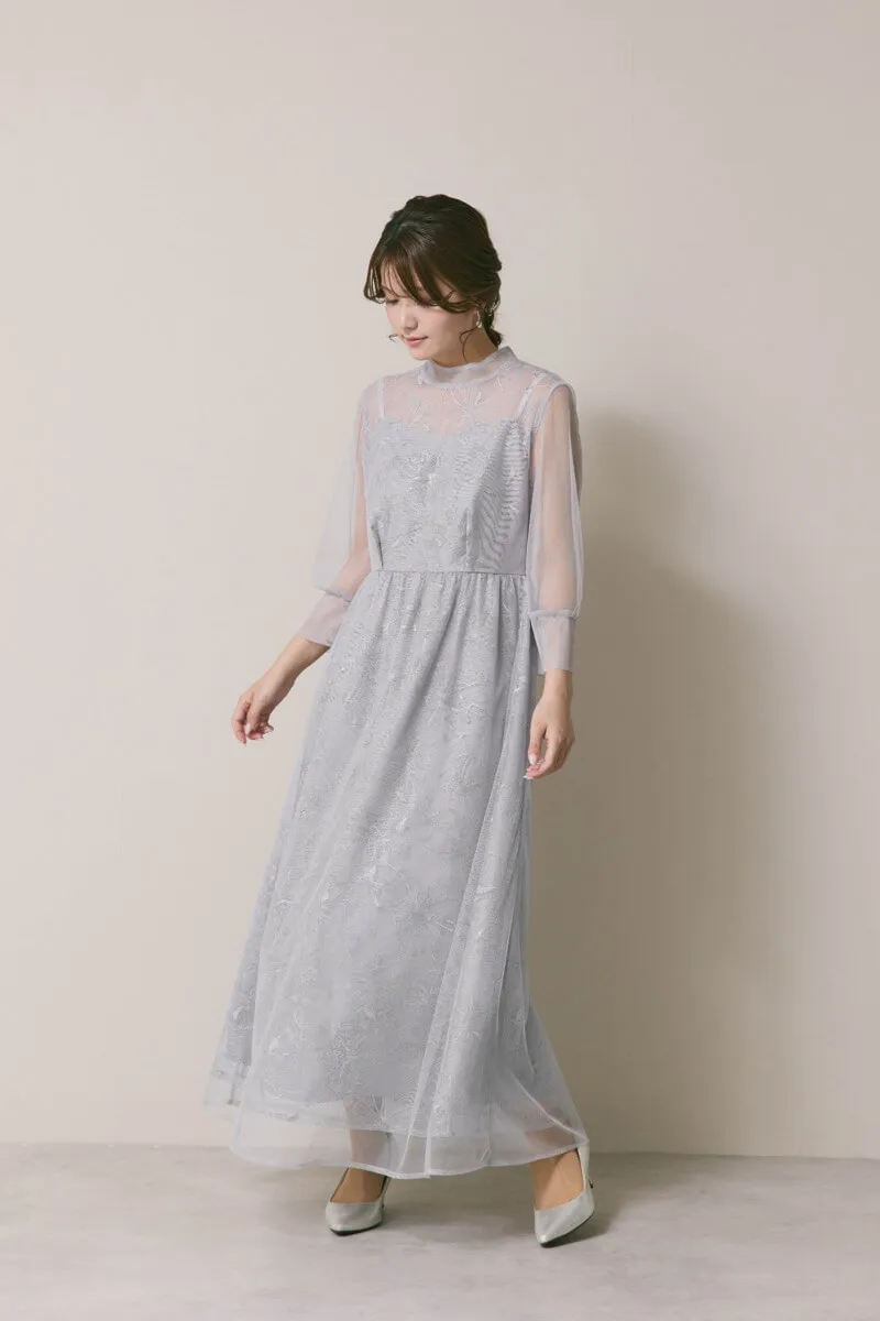 サックスのレースミックスチュールドレス　S/kaene