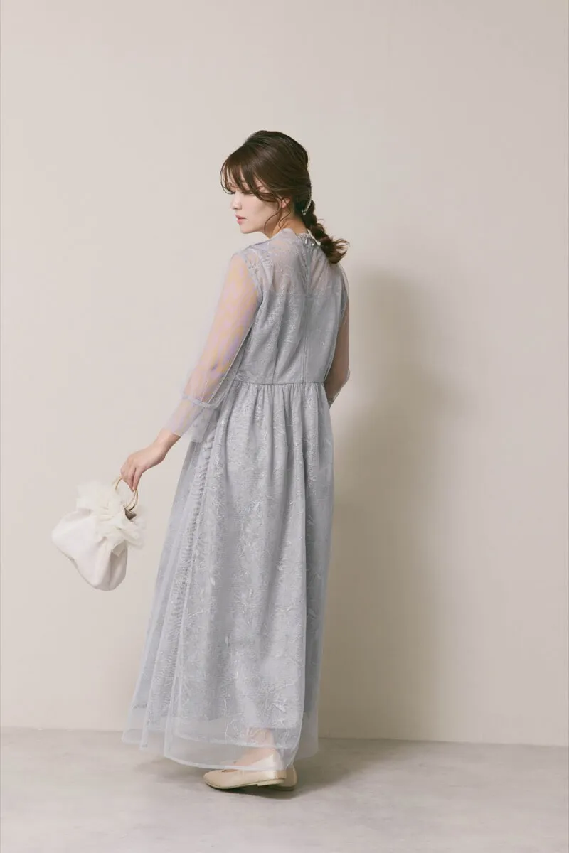 サックスのレースミックスチュールドレス　S/kaene