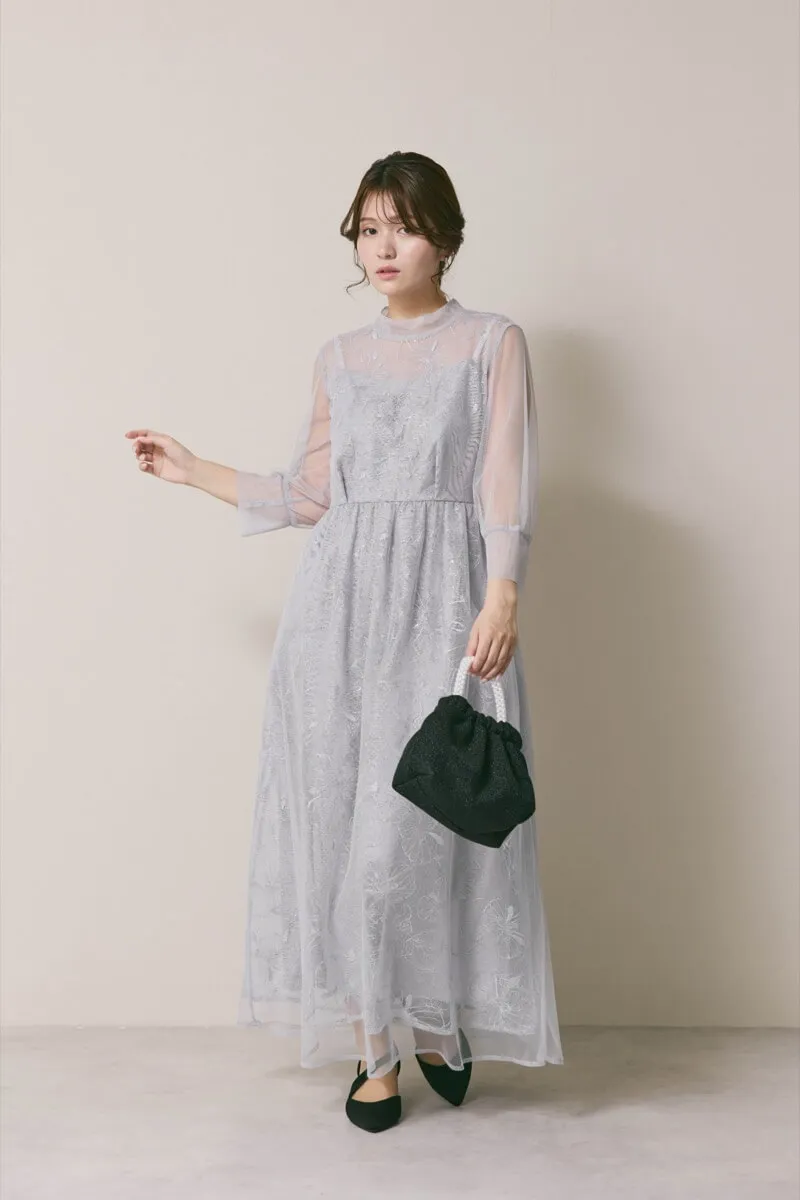 サックスのレースミックスチュールドレス　S/kaene