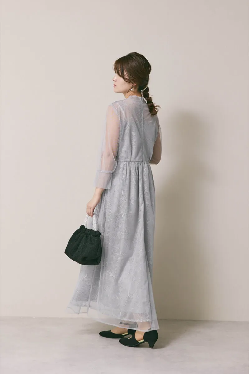 サックスのレースミックスチュールドレス　S/kaene