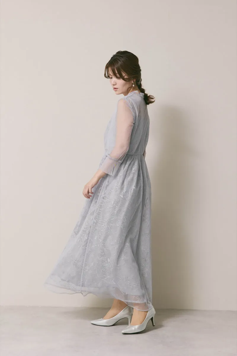 サックスのレースミックスチュールドレス　S/kaene