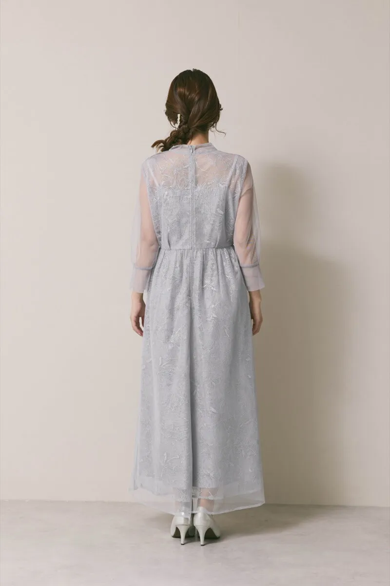 サックスのレースミックスチュールドレス　S/kaene
