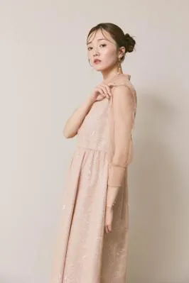 ベージュのレースミックスチュールドレス　S/kaene