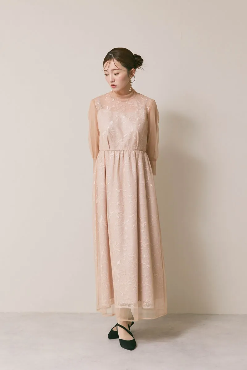 ベージュのレースミックスチュールドレス　S/kaene