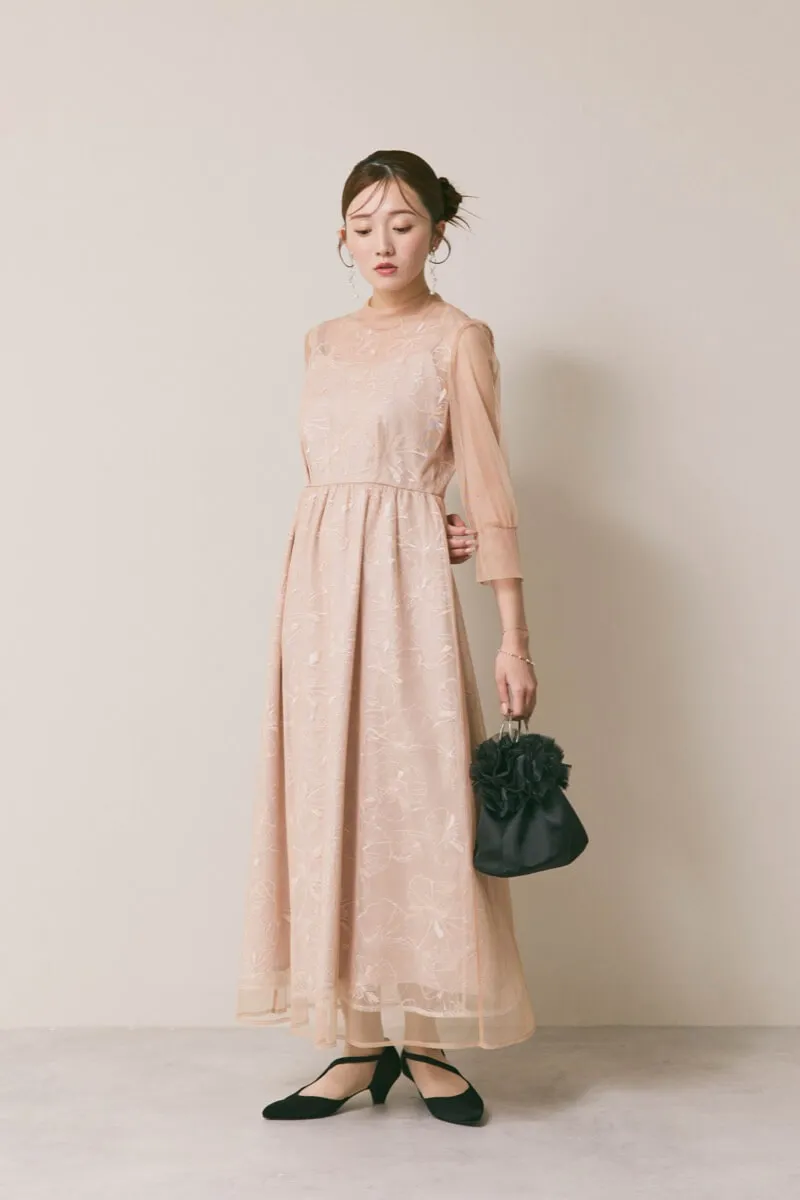 ベージュのレースミックスチュールドレス　S/kaene